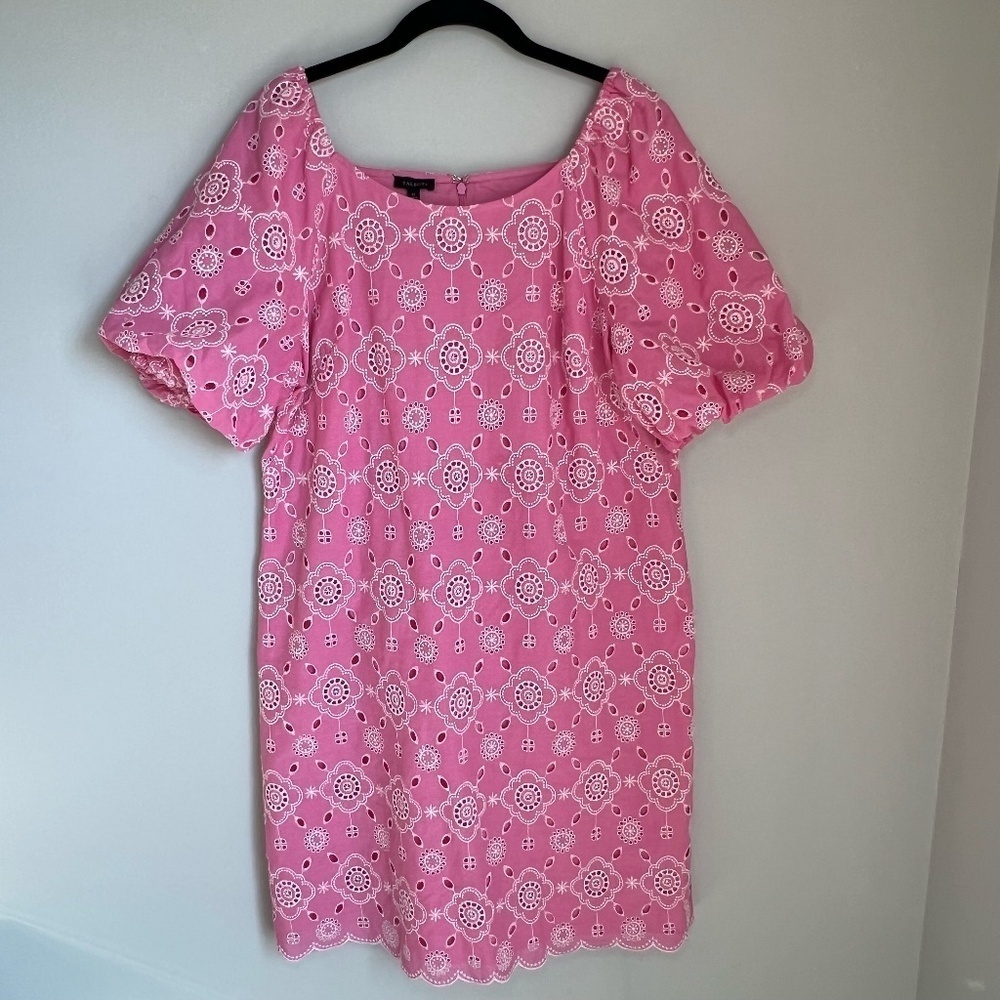 Talbots Puff Sleeve Embroidered Eyelet Shift Dress Pink Lined Zip Summer Size 12